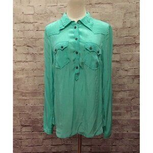 PLENTY by TRACY REESE Green Long Sleeve Silky Western Popover Blouse Size S NEW